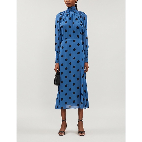 Reformation Valentin Blue & Black Polka-dot High Neck Midi Dress - Picture 4 of 14